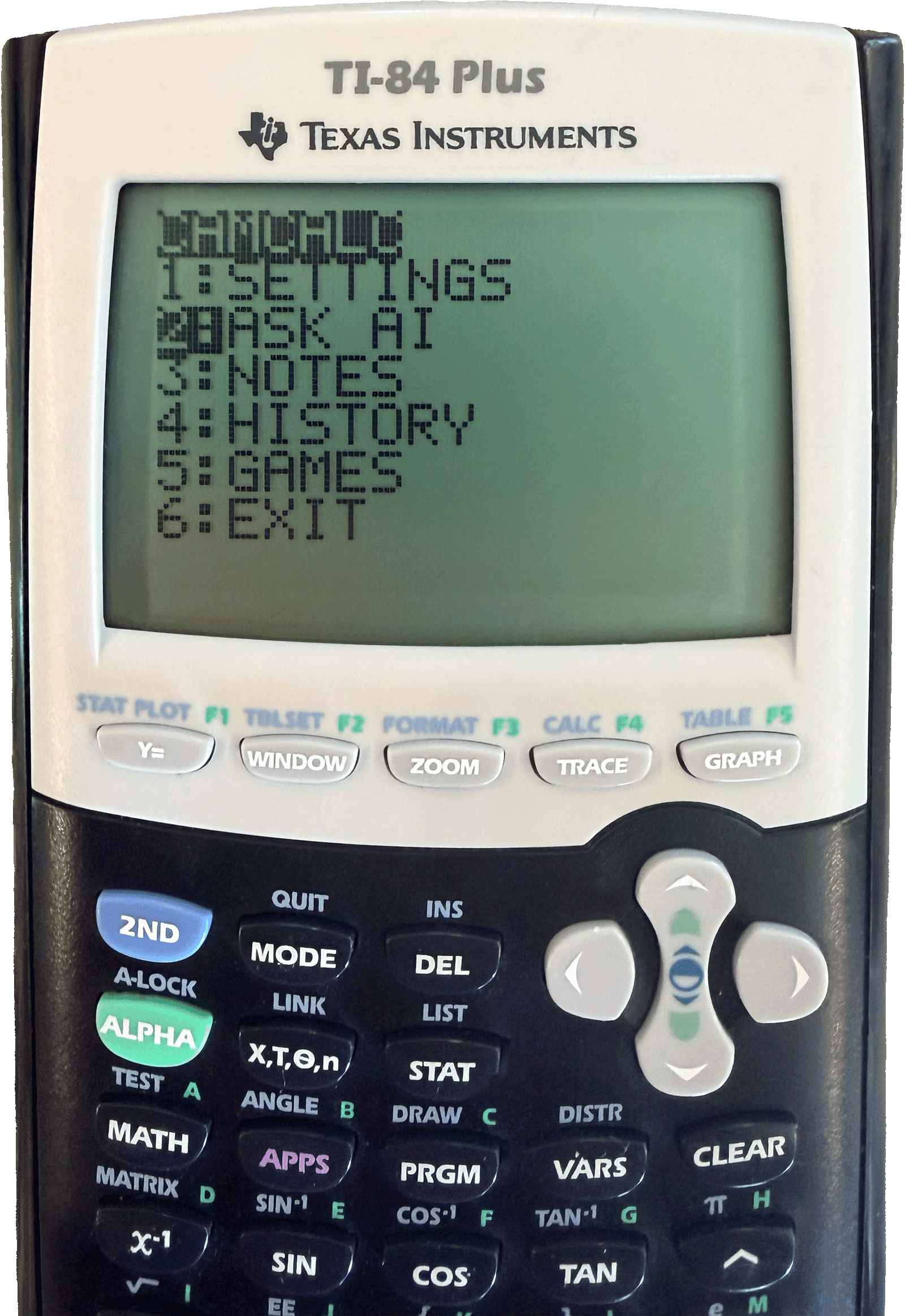 Calculator running CamCalc — showing AI, Camera, Notes, and Games menu